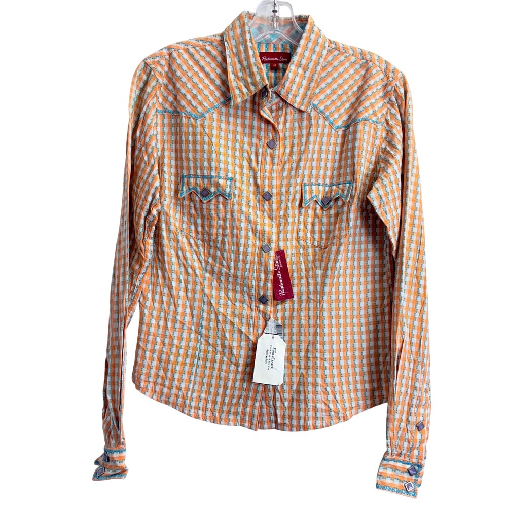 Panhandle Slim Womens Western Snap‎ Shirt Orange Plaid Turquoise Juniors Medium